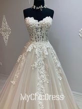 A Line Lace Pearls Basque Waist Wedding Gown Sweetheart Strapless